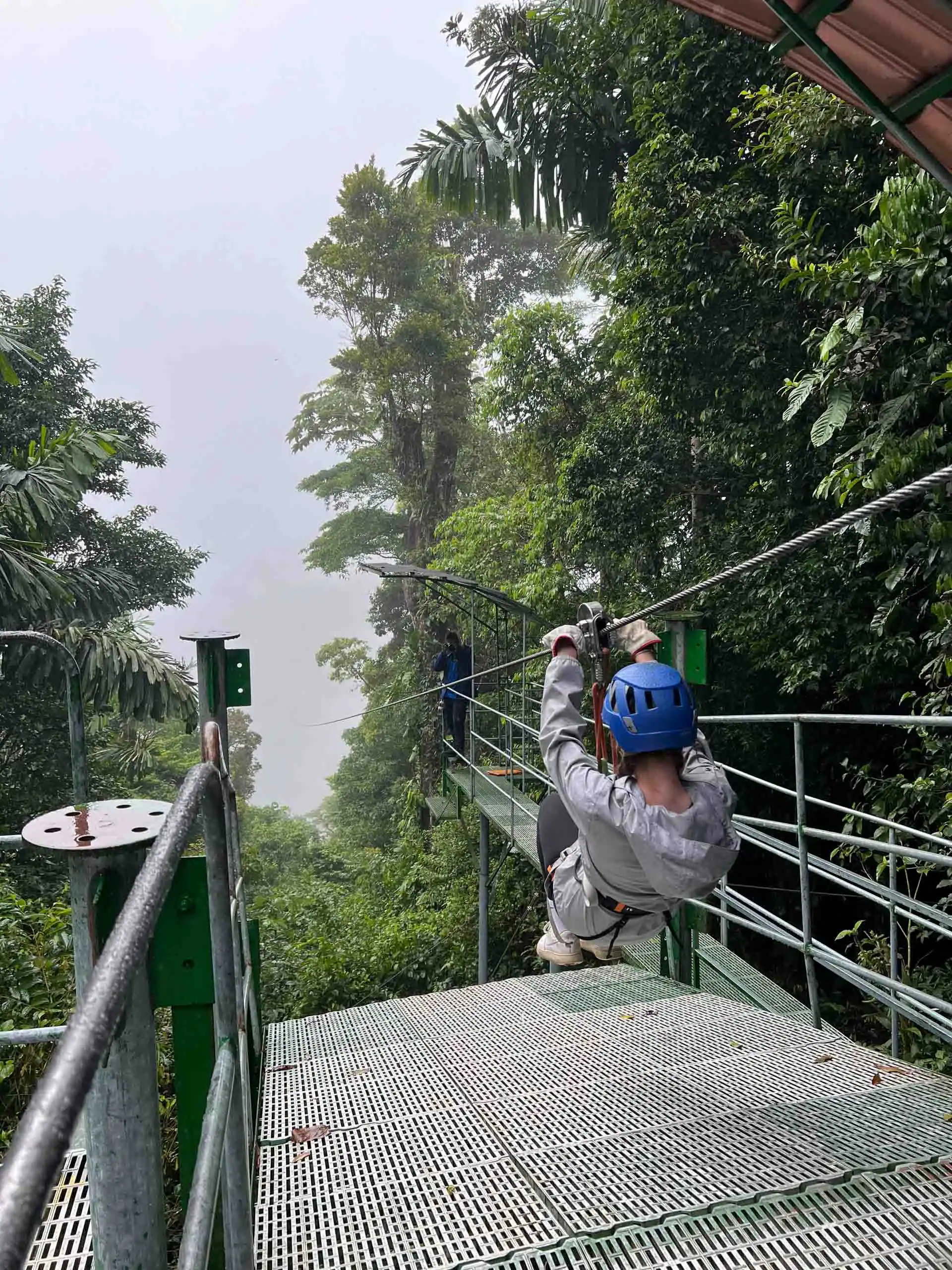 Person ziplining through a tropical forest canopy, wearing a blue helmet and gray jacket. Lush green trees surround the metal platform and zipline.