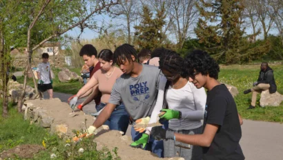 A group of people working together to build a stone wall outdoors on a sunny day.