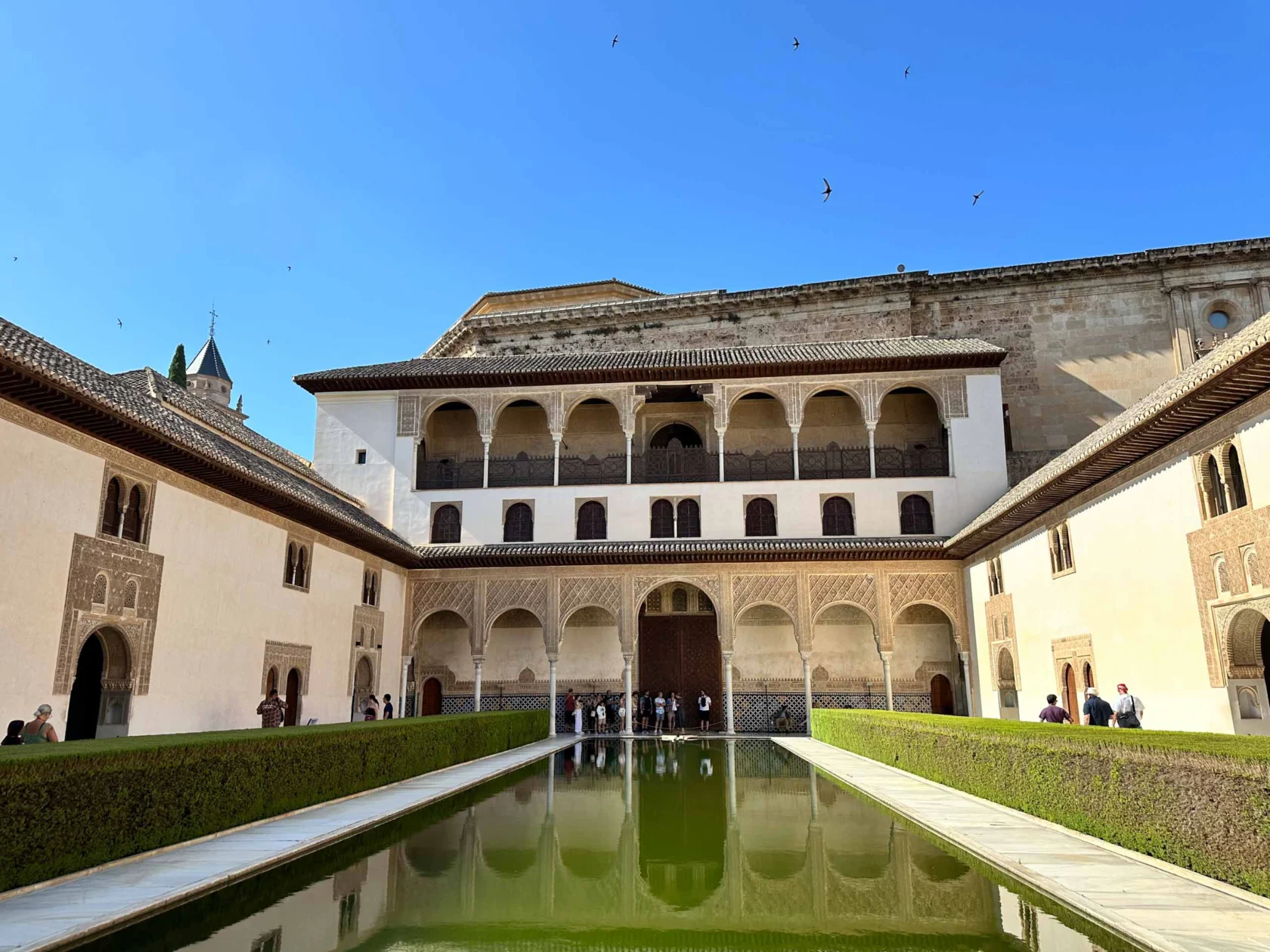 The image shows a historical courtyard with a reflective pool surrounded by a brown and white building. Arched balconies line the second floor, and birds are flying in the blue sky above.