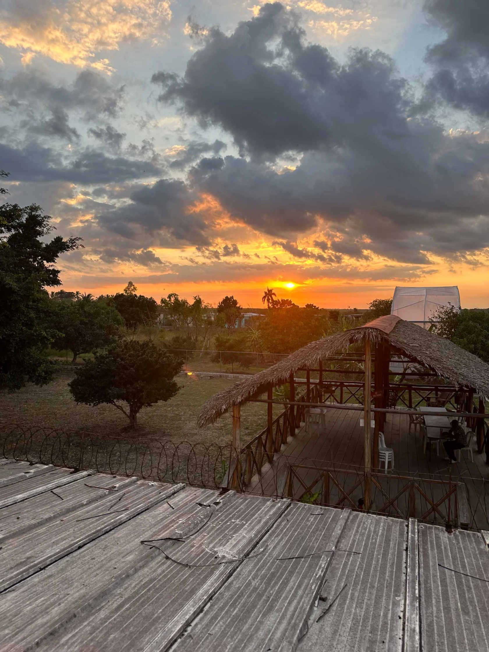 A sunset over a rural landscape with scattered trees and a thatched-roof structure in the foreground.