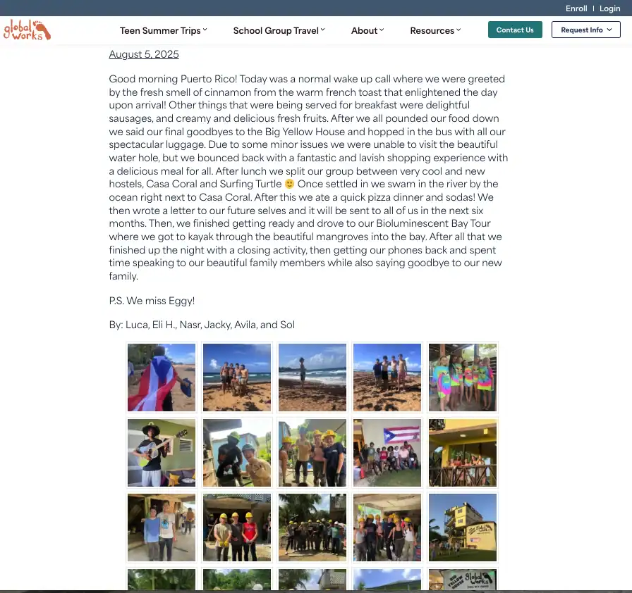 Screenshot of a blog post detailing a Puerto Rico trip with group photos of teens at beaches and landmarks, and organized text recounting daily activities—highlighting their experience joining tech-free travel programs and heartfelt farewells.