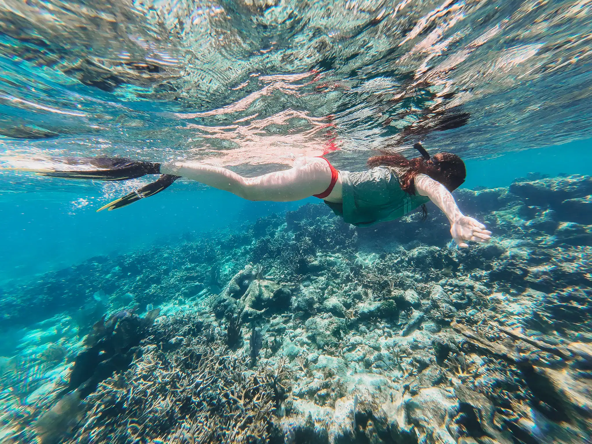 Person snorkels above a coral reef in clear blue water, wearing a snorkel mask, fins, and a green top. Sunlight filters through the surface.