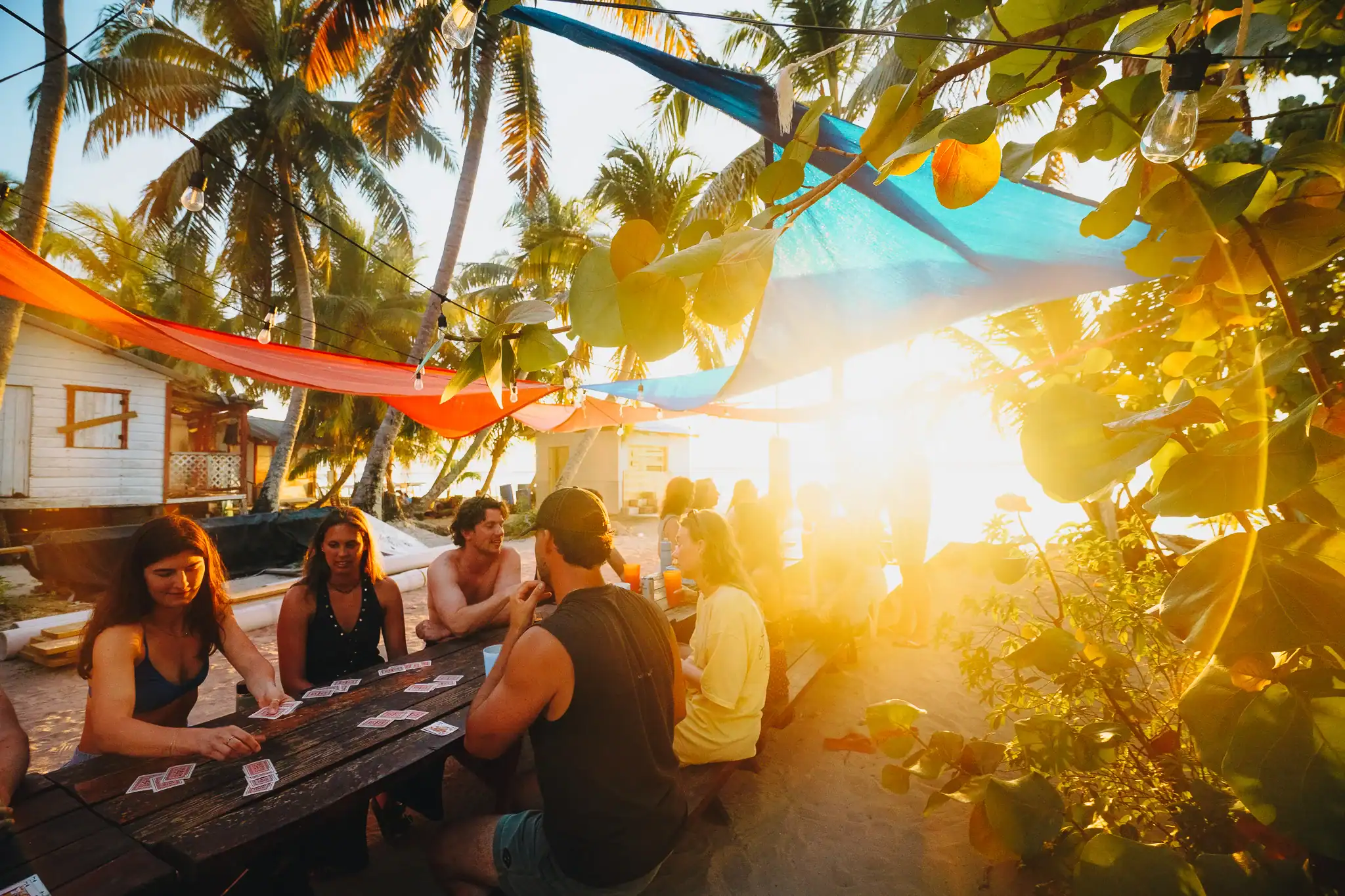 People sit at outdoor tables playing cards under colorful shade cloths, surrounded by palm trees, with the sun setting in the background.