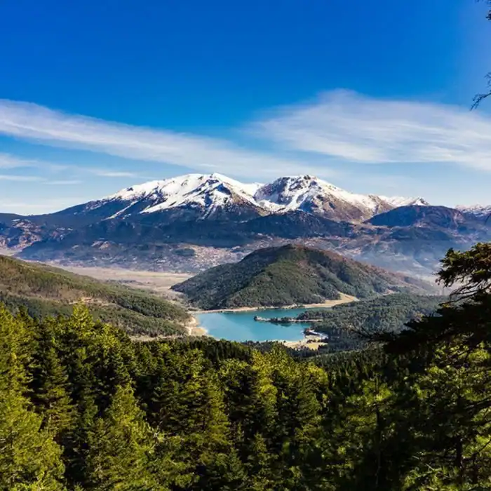 Snow-capped mountains rise above a forested landscape with a blue lake in the valley, under a clear blue sky.