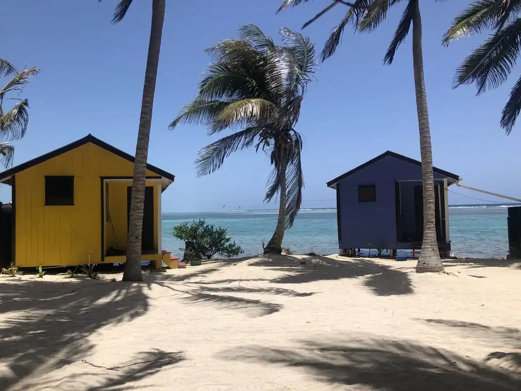 Two small huts, one yellow and one purple, stand on a sandy beach under palm trees with the ocean visible in the background.