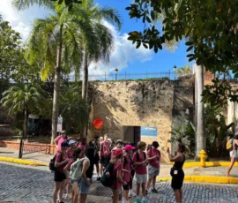 A group of people wearing pink shirts and hats gather on a cobblestone street near palm trees and a stone wall on a sunny day.
