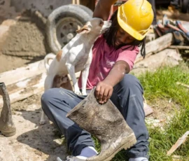 A construction worker sitting on the ground pets a dog that is licking their face. The worker holds a muddy boot and wears a hard hat. Tools and equipment are visible in the background.